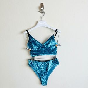 NWT Teal & Black Crushed Velvet Bow Longline Cami & Panty Sleep Lingerie Set